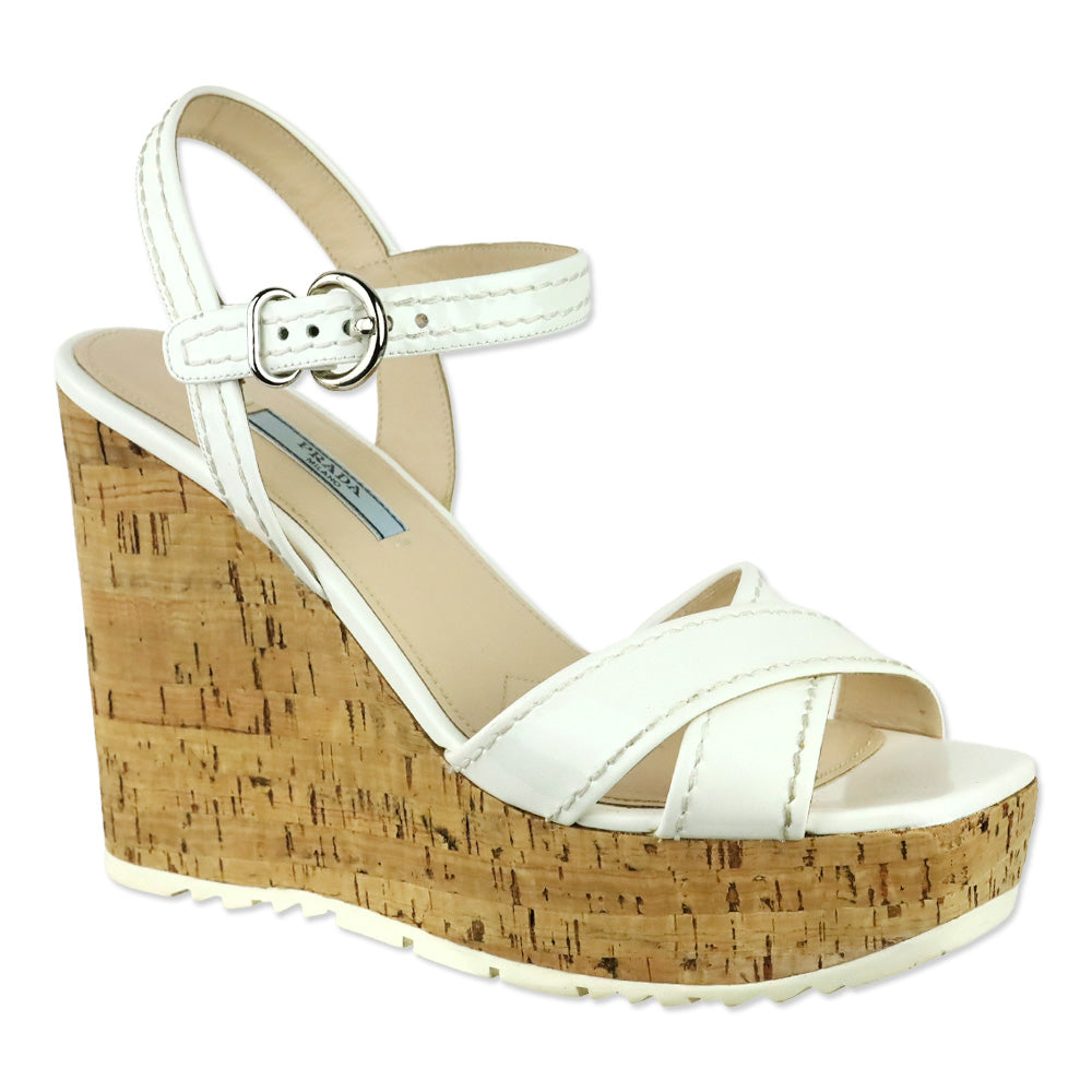 Prada White Patent Leather Cork Wedges Sandals