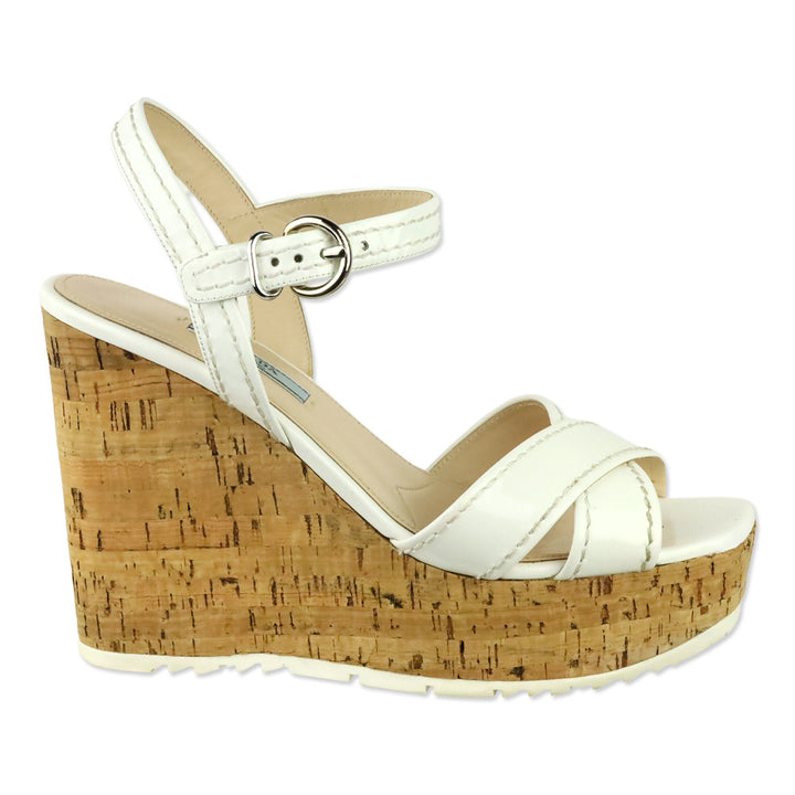 Prada White Patent Leather Cork Wedges Sandals
