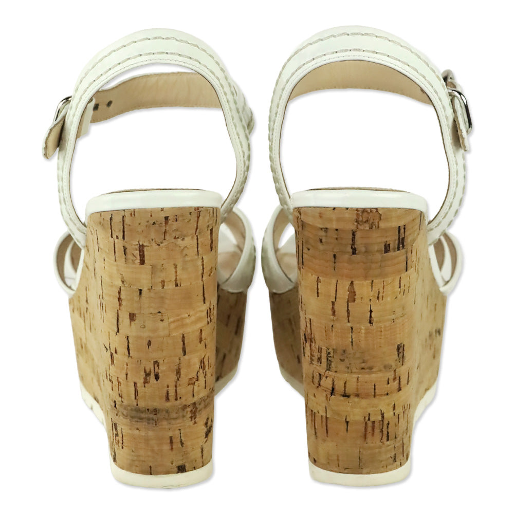 Prada White Patent Leather Cork Wedges Sandals