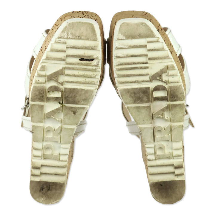 Prada White Patent Leather Cork Wedges Sandals