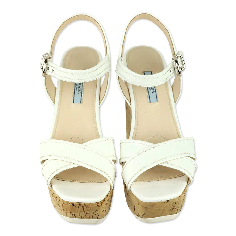 Prada White Patent Leather Cork Wedges Sandals