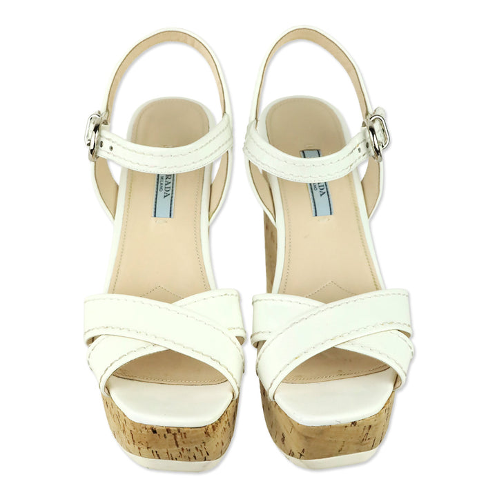 Prada White Patent Leather Cork Wedges Sandals