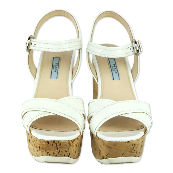 Prada White Patent Leather Cork Wedges Sandals