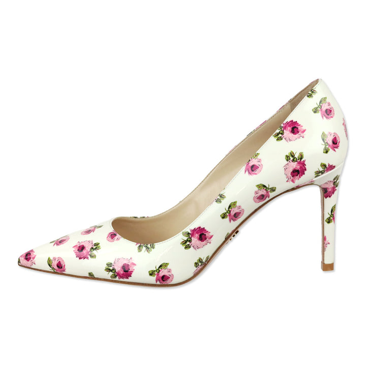 Prada White Rose Print Patent Leather 85 Pumps