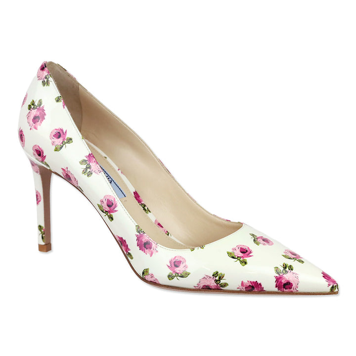 Prada White Rose Print Patent Leather 85 Pumps