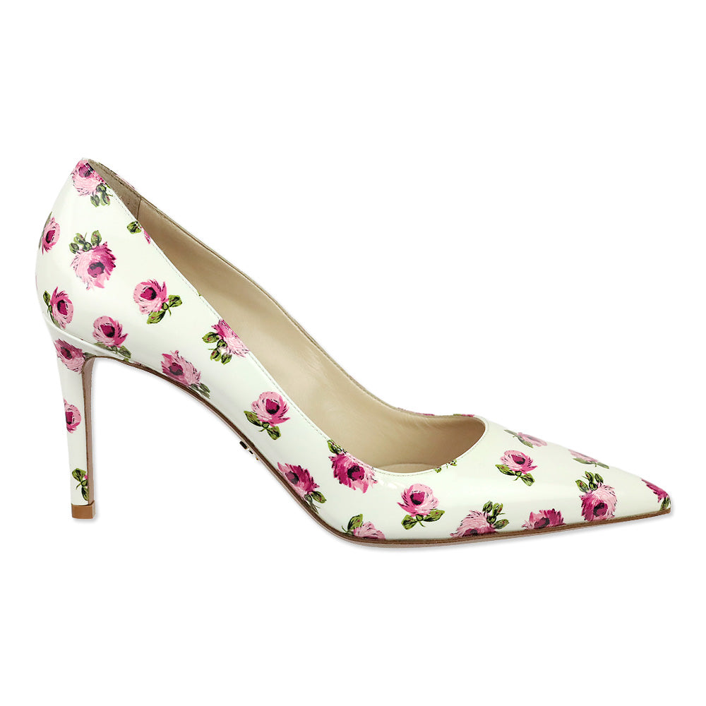 Prada White Rose Print Patent Leather 85 Pumps