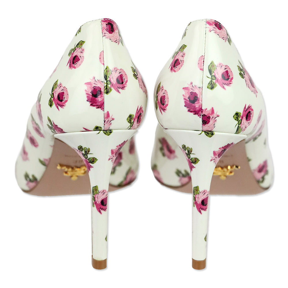 Prada White Rose Print Patent Leather 85 Pumps