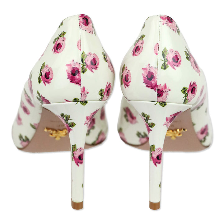 Prada White Rose Print Patent Leather 85 Pumps