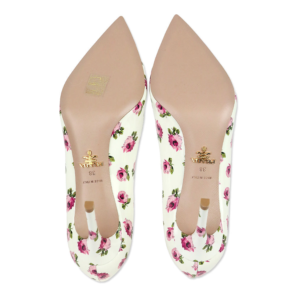 Prada White Rose Print Patent Leather 85 Pumps
