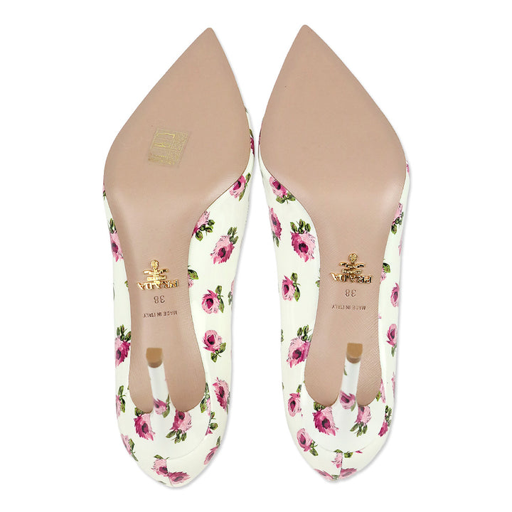 Prada White Rose Print Patent Leather 85 Pumps