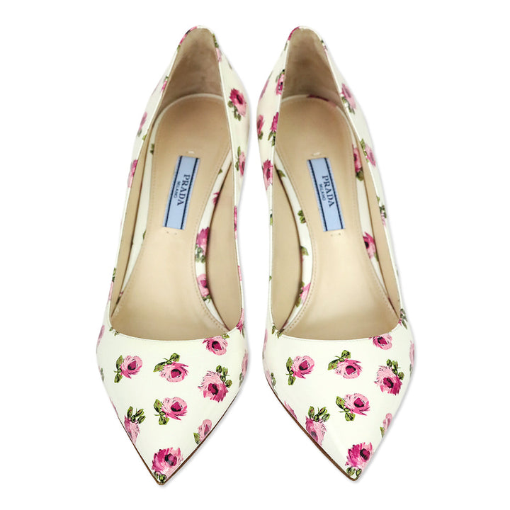 Prada White Rose Print Patent Leather 85 Pumps