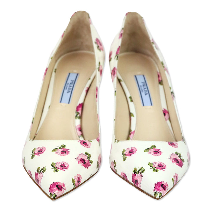 Prada White Rose Print Patent Leather 85 Pumps
