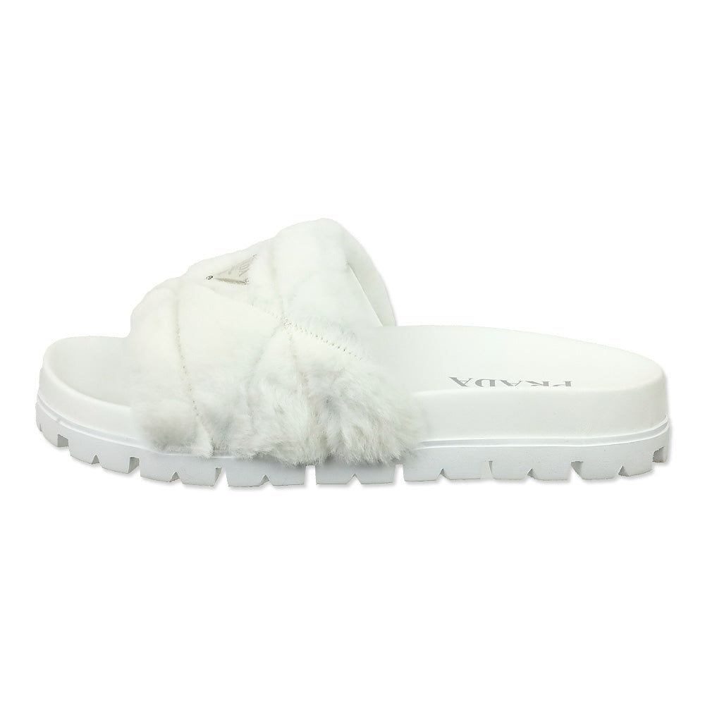 Prada White Shearling Logo Slide Sandal