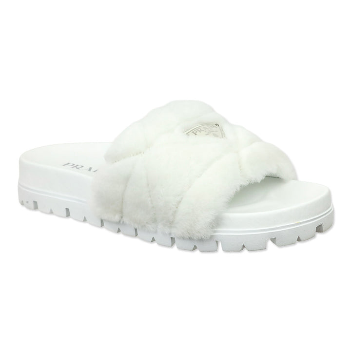 Prada White Shearling Logo Slide Sandal