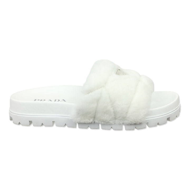 Prada White Shearling Logo Slide Sandal