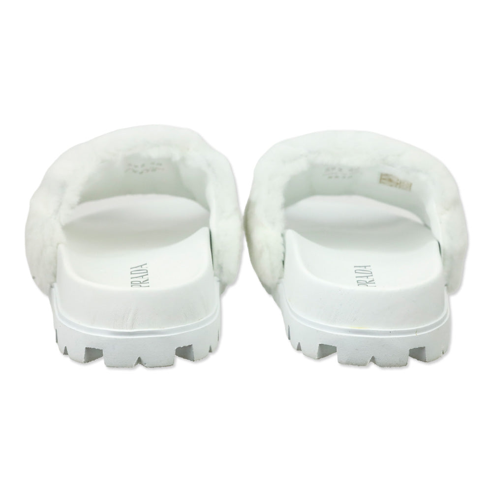 Prada White Shearling Logo Slide Sandal