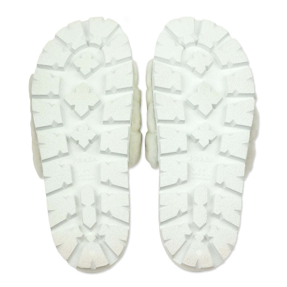 Prada White Shearling Logo Slide Sandal