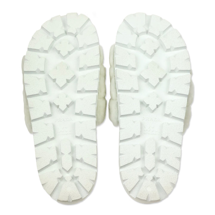 Prada White Shearling Logo Slide Sandal