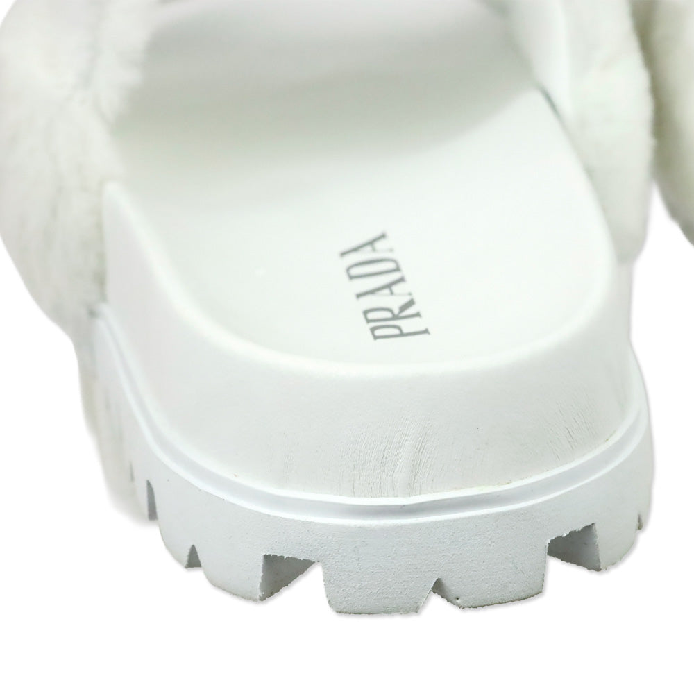 Prada White Shearling Logo Slide Sandal
