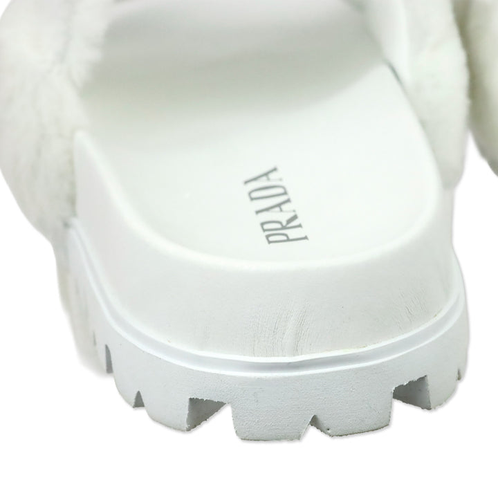 Prada White Shearling Logo Slide Sandal
