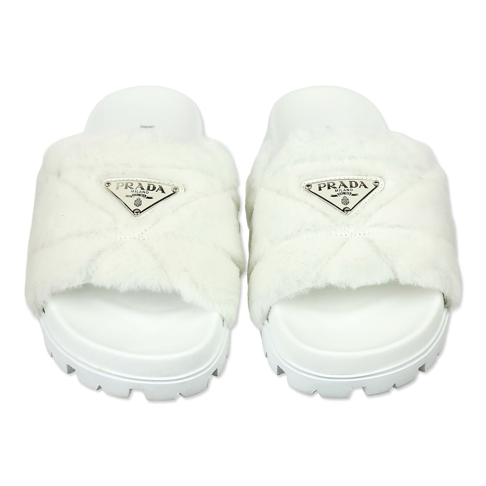 Prada White Shearling Logo Slide Sandal