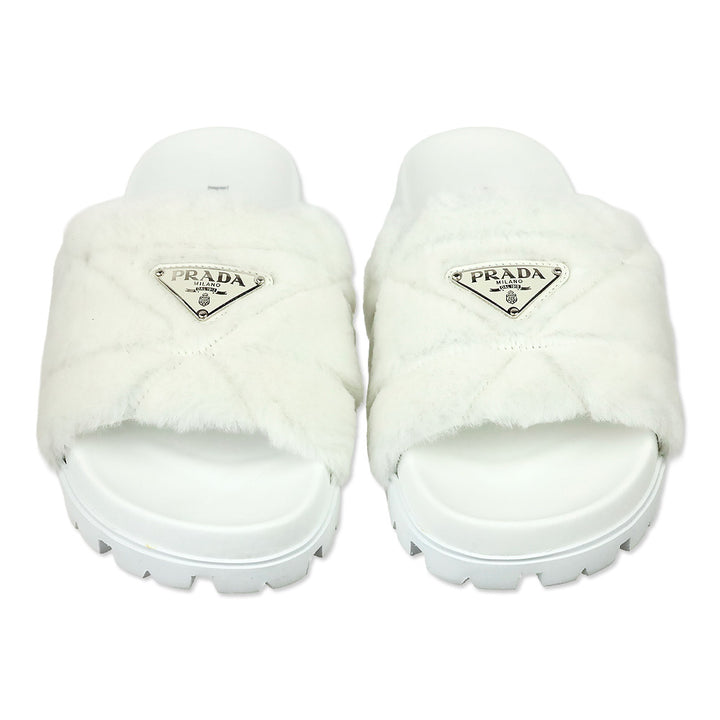 Prada White Shearling Logo Slide Sandal
