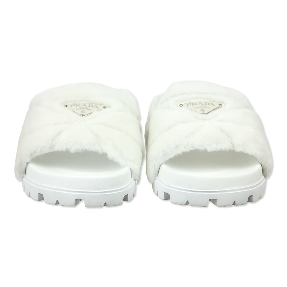 Prada White Shearling Logo Slide Sandal