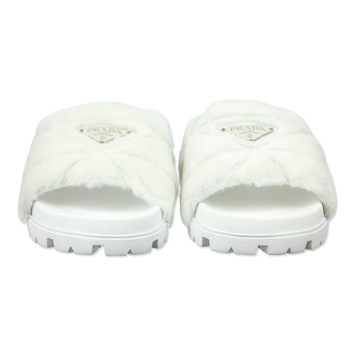 Prada White Shearling Logo Slide Sandal