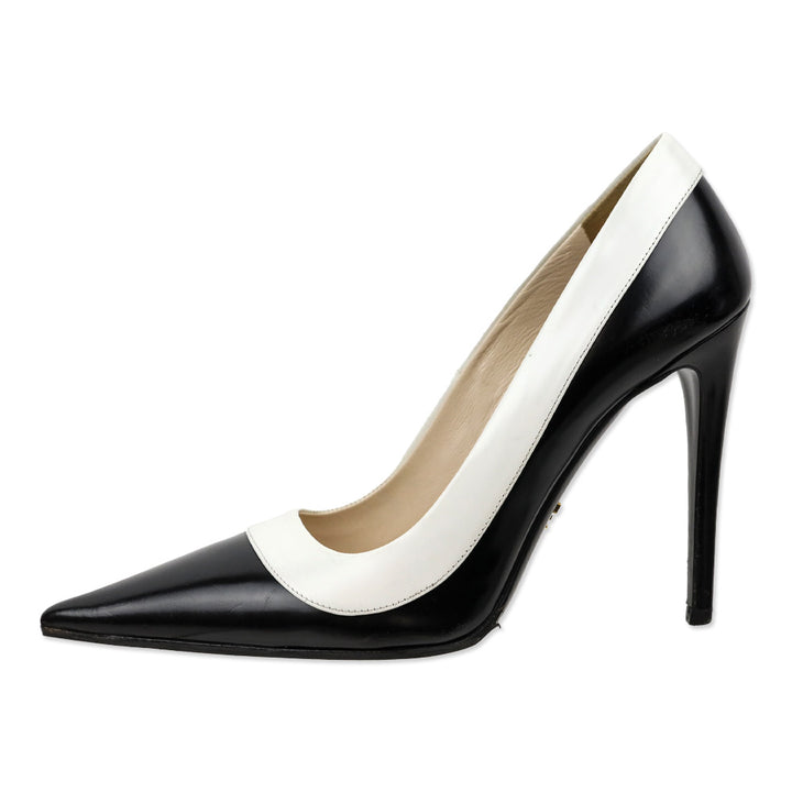 Prada White Trim Brushed Black Leather Pointed Toe Pumps