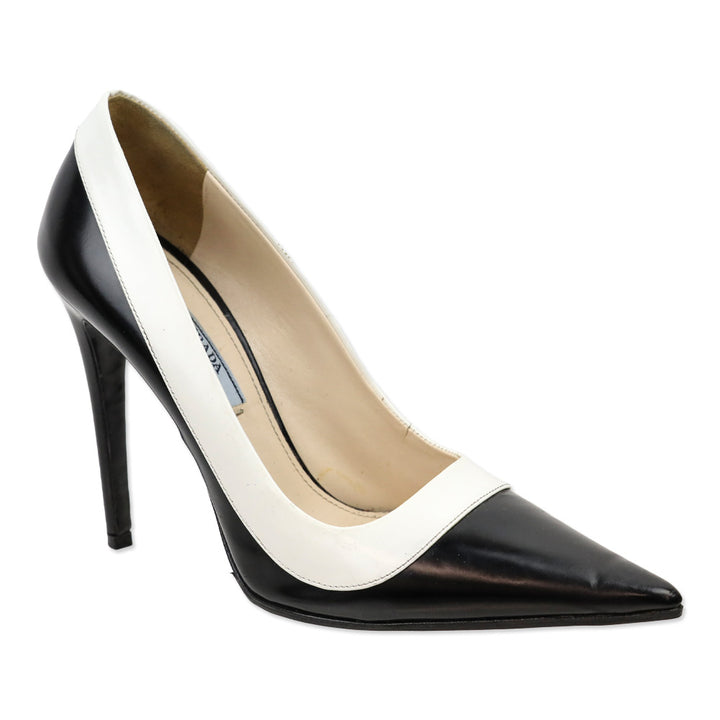 Prada White Trim Brushed Black Leather Pointed Toe Pumps