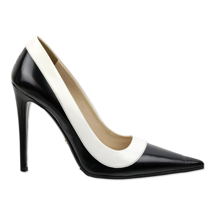 Prada White Trim Brushed Black Leather Pointed Toe Pumps