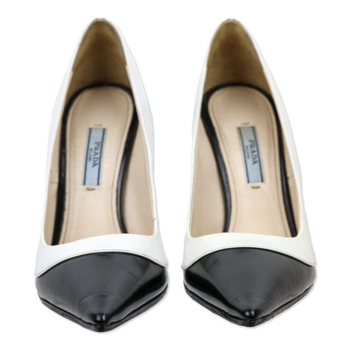 Prada White Trim Brushed Black Leather Pointed Toe Pumps