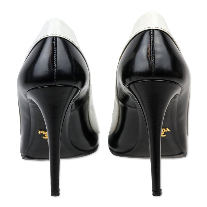 Prada White Trim Brushed Black Leather Pointed Toe Pumps