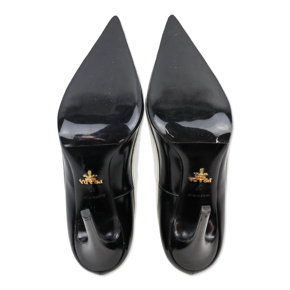 Prada White Trim Brushed Black Leather Pointed Toe Pumps