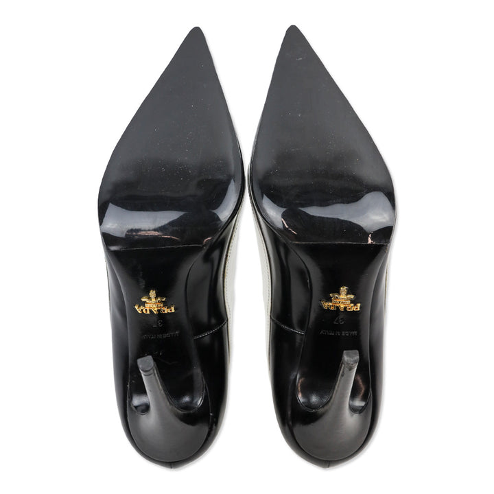 Prada White Trim Brushed Black Leather Pointed Toe Pumps
