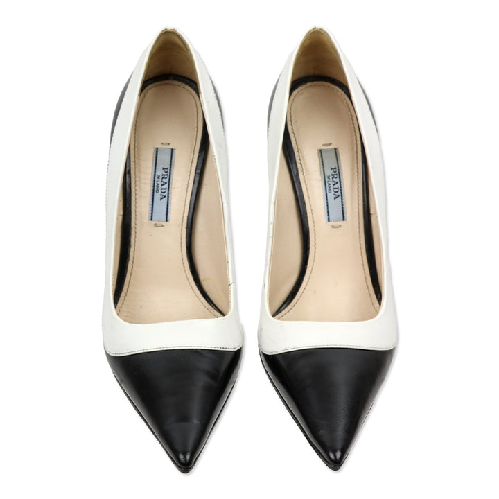 Prada White Trim Brushed Black Leather Pointed Toe Pumps