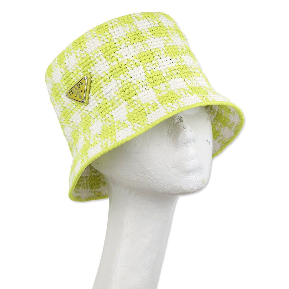 Prada Yellow Check Raffia Bucket Hat
