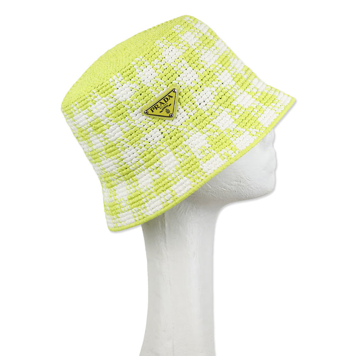 Prada Yellow Check Raffia Bucket Hat
