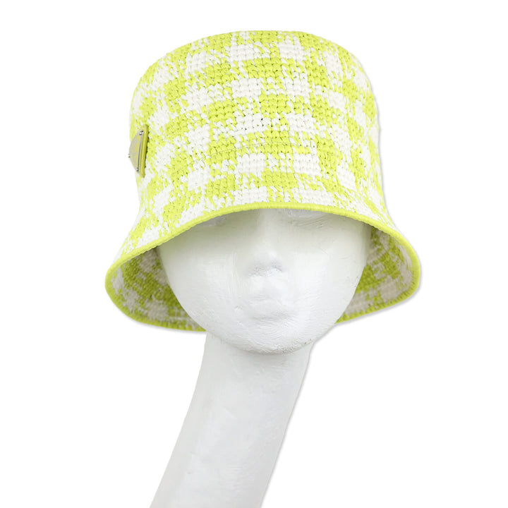 Prada Yellow Check Raffia Bucket Hat