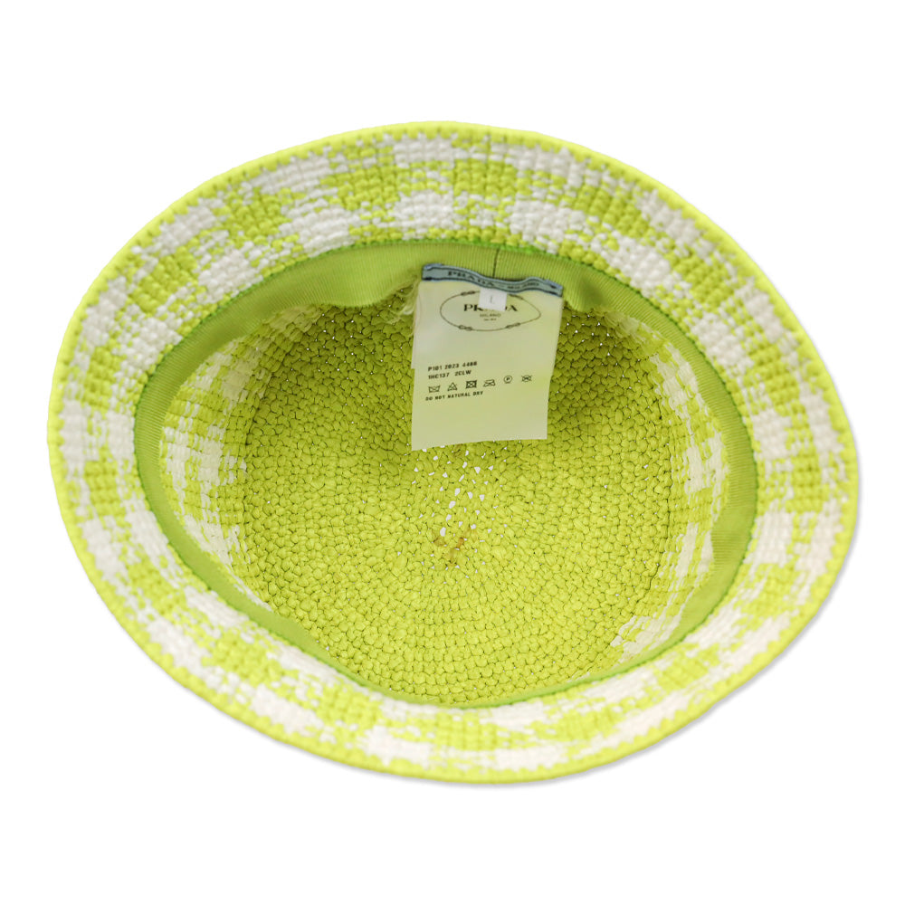 Prada Yellow Check Raffia Bucket Hat