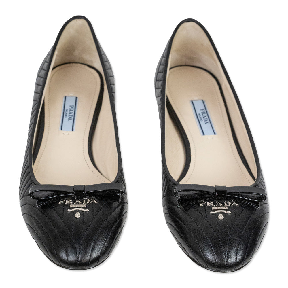 Prada Black Quilted Leather Bow Ballet Flats