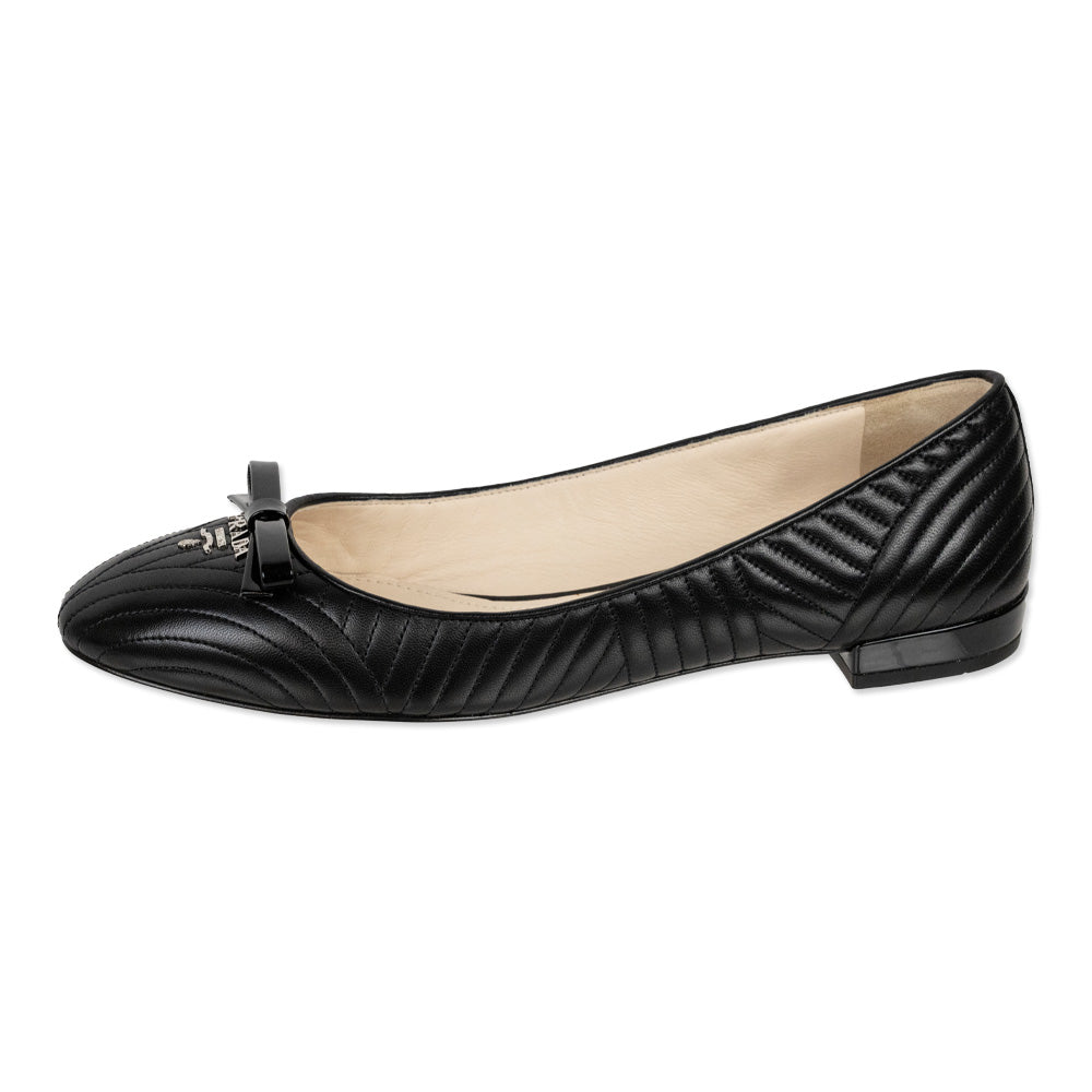 Prada Black Quilted Leather Bow Ballet Flats