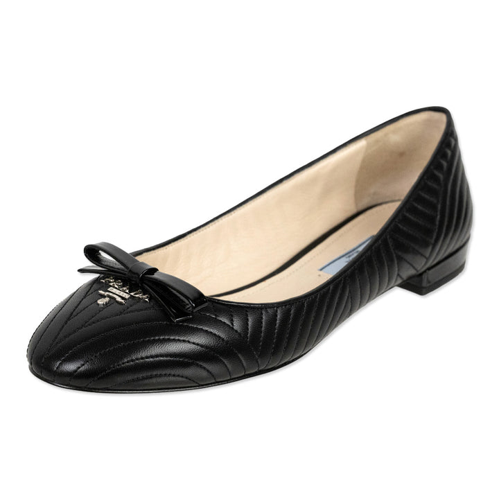 Prada Black Quilted Leather Bow Ballet Flats