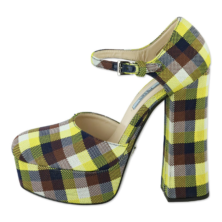 Prada S/S 2017 Yellow/Brown Plaid Ankle-Strap Platform Pumps