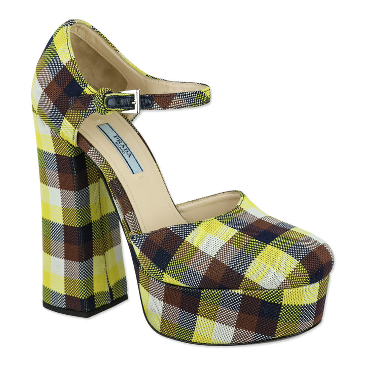 Prada S/S 2017 Yellow/Brown Plaid Ankle-Strap Platform Pumps