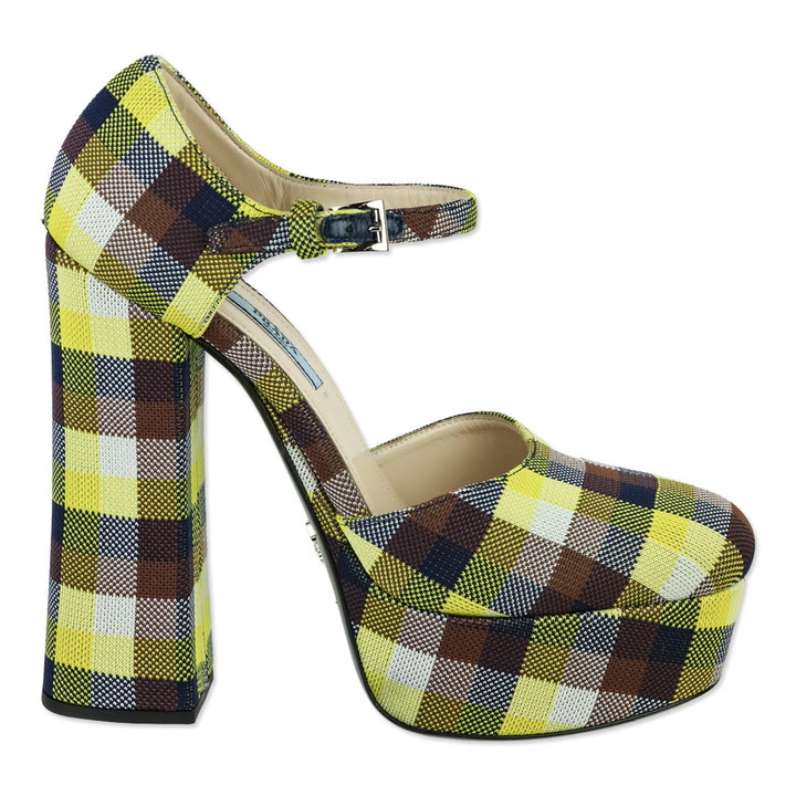 Prada S/S 2017 Yellow/Brown Plaid Ankle-Strap Platform Pumps