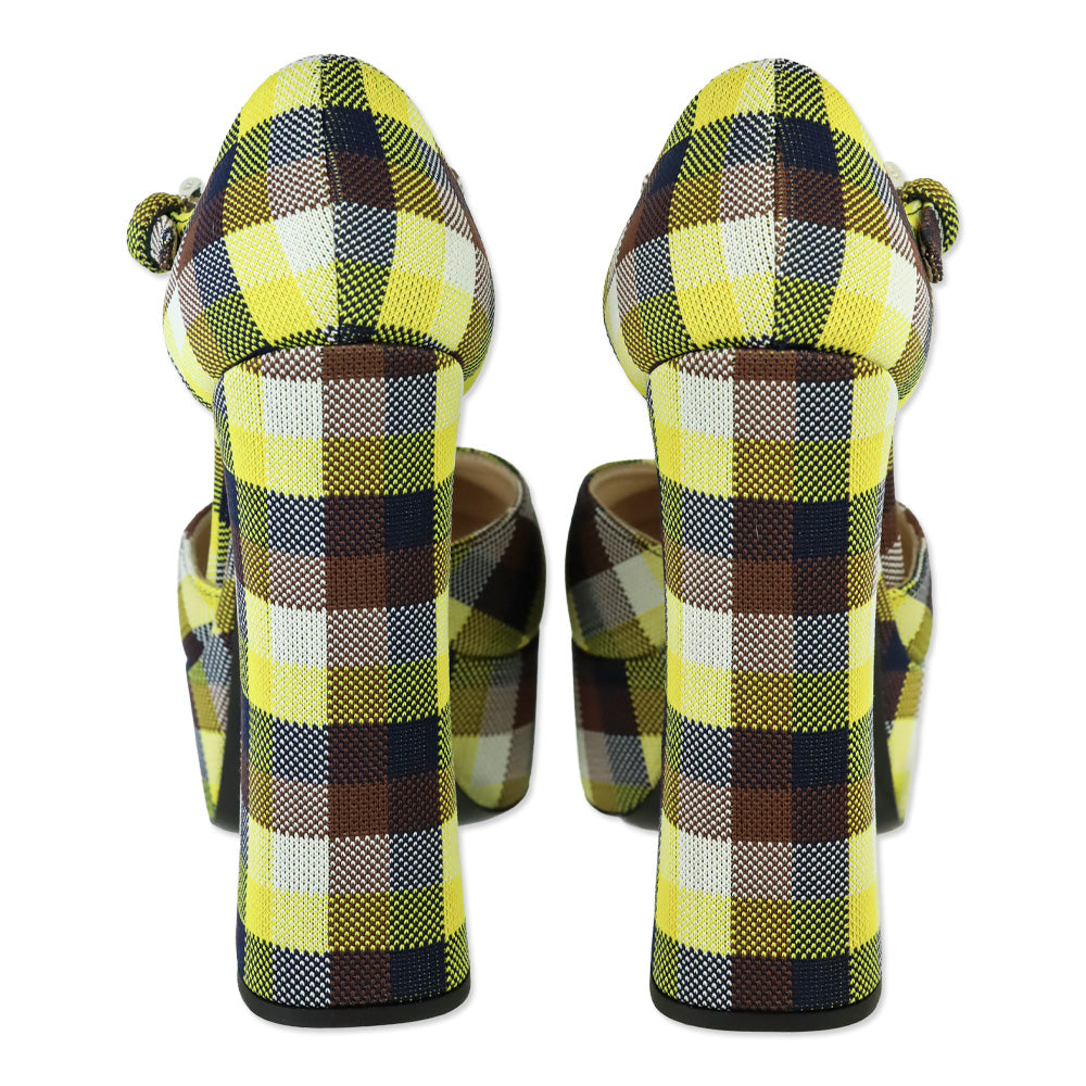 Prada S/S 2017 Yellow/Brown Plaid Ankle-Strap Platform Pumps
