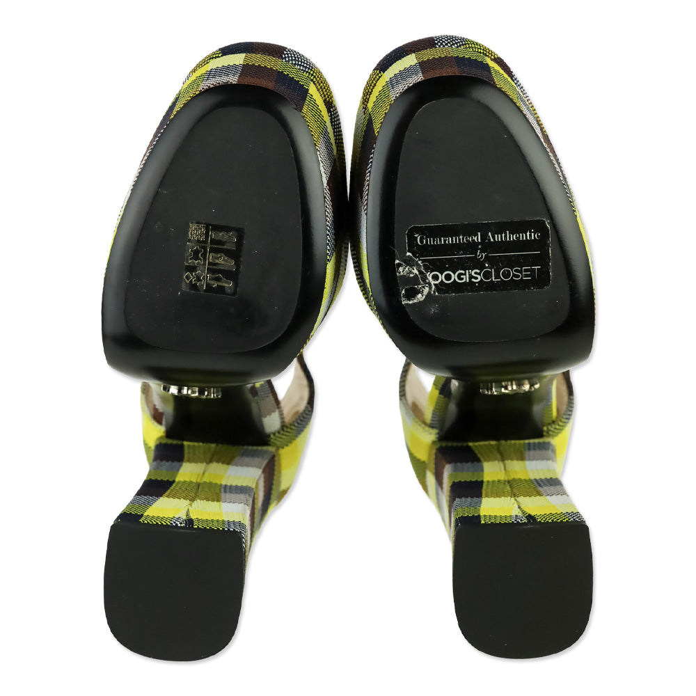 Prada S/S 2017 Yellow/Brown Plaid Ankle-Strap Platform Pumps