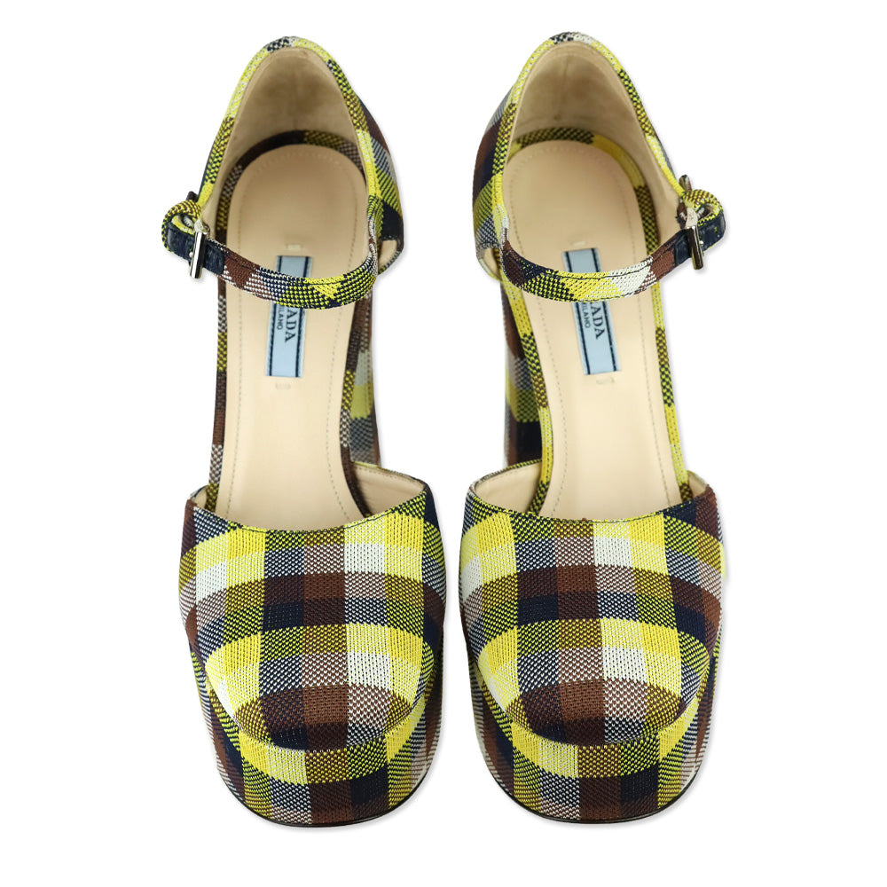 Prada S/S 2017 Yellow/Brown Plaid Ankle-Strap Platform Pumps