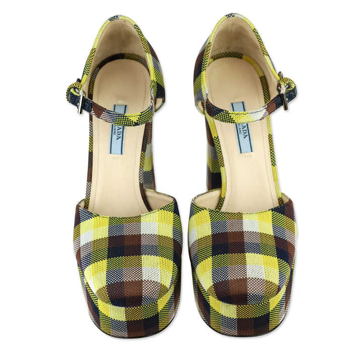 Prada S/S 2017 Yellow/Brown Plaid Ankle-Strap Platform Pumps